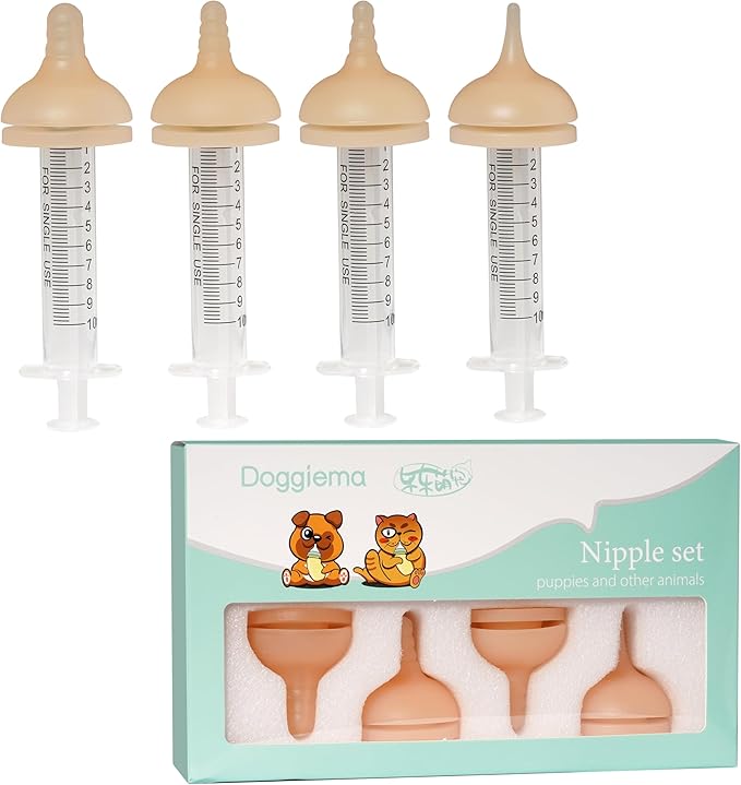 Doggiema Silicone Feeding Nipple and Syringes for All Breed of Puppies and Other Animals Dongdong pet (4 Size Nipple+6 Syringes)
