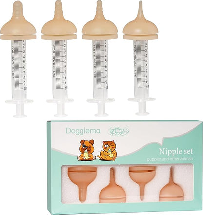 Doggiema Silicone Feeding Nipple and Syringes for All Breed of Puppies and Other Animals Dongdong pet (4 Size Nipple+6 Syringes)