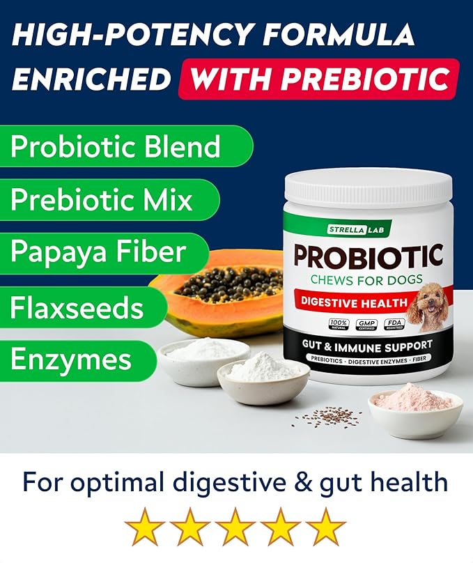 STRELLALAB Dog Probiotics Chews for Digestive Health & Gut Support with Yeast and Enzymes - Anti Gas, Diarrhea and Upset Stomach Immune Supplement - Digestion Treats with Fiber (120Ct, Chicken)