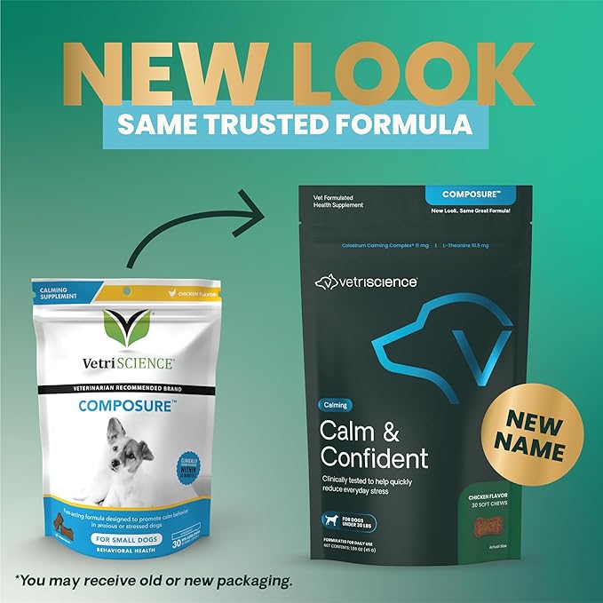 VetriScience Calm & Confident Chews, Composure Clinically Tested Calming and Anxiety Supplement for Small Dogs Under 30 lbs, Reduce Stress, Ideal for Thunderstorms and Fireworks, Chicken, 30 Count