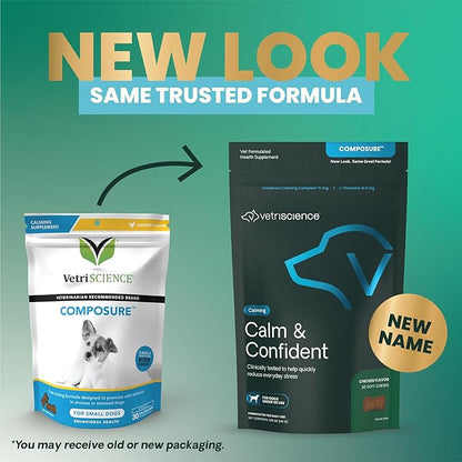 VetriScience Calm & Confident Chews, Composure Clinically Tested Calming and Anxiety Supplement for Small Dogs Under 30 lbs, Reduce Stress, Ideal for Thunderstorms and Fireworks, Chicken, 30 Count