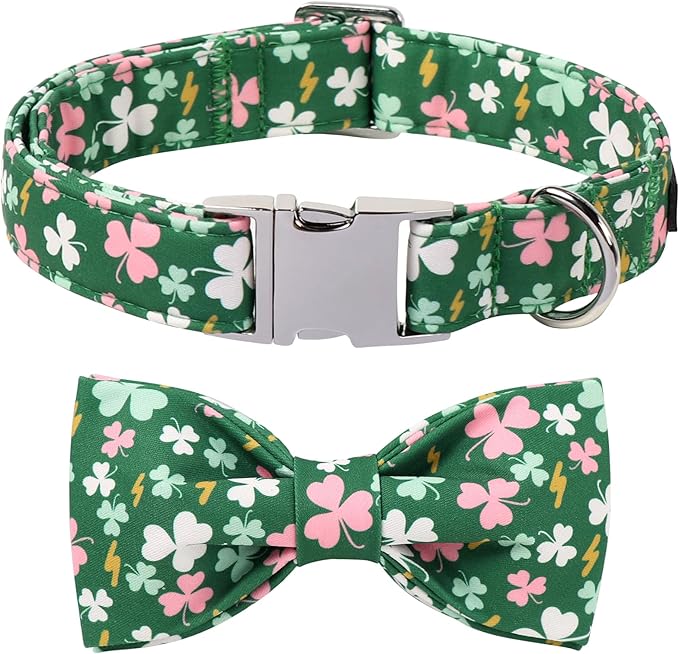 Lionet Paws St. Patrick Dog Collars with Bow tie,Cute Pink Clover Green Dog Collar Bow Tie for Dogs Female, Small, Neck 10-16 inches