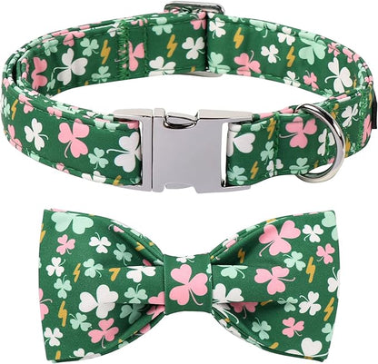 Lionet Paws St. Patrick Dog Collars with Bow tie,Cute Pink Clover Green Dog Collar Bow Tie for Dogs Female, Small, Neck 10-16 inches