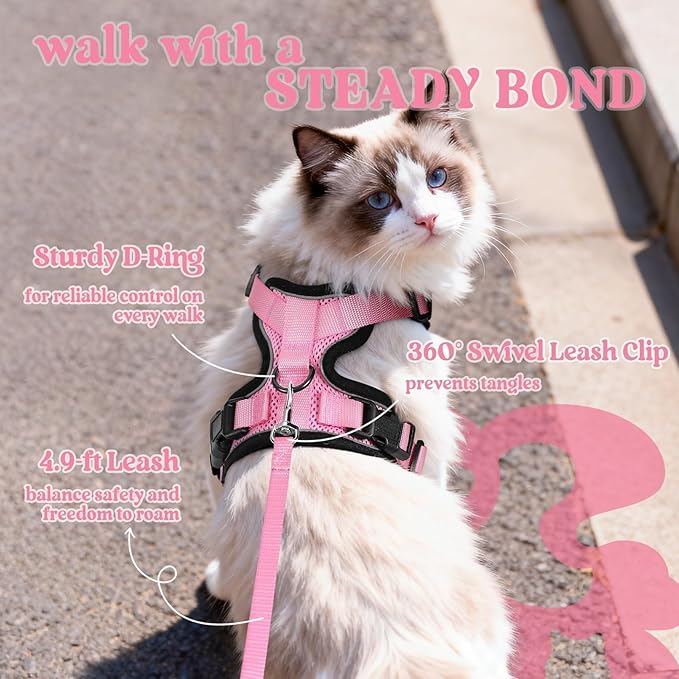 rabbitgoo Cat Harness and Leash for Walking, Escape Proof Soft Adjustable Vest Harnesses for Cats, Easy Control Breathable Reflective Strips Jacket, Pink, S