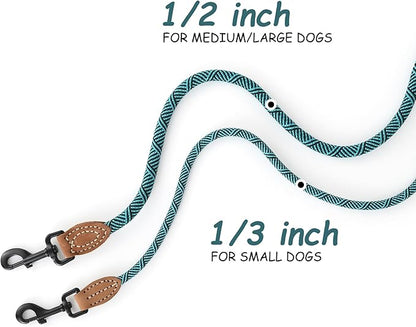 Mile High Life Small Dog Leash, Thin Rope Leash with Genuine Leather Connection and Heavy Duty Metal Clasp, Great for Small Medium Dogs(Turquoise Green, 72 Inch-1/3)
