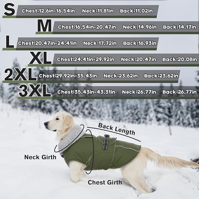 Lelepet Warm Dog Coat Waterproof Dog Jacket for Large Dogs Reflective Fleece Vest with Adjustable Buckle Hook & Loop Windproof Cold Weather Coats for Small Medium Large Dogs, Army Green, XXL