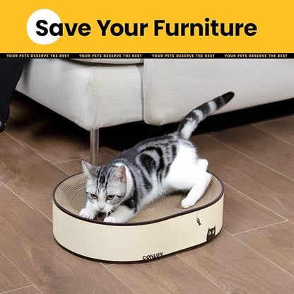 Conlun Oval Cat Scratcher Bed, 2-in-1 Cat Scratching Board, Natural Corrugated Cardboard Scratch Pad Lounge, Sealed Base Traps Debris,No Assembly Kitty Furniture,Stylish Colors Blends Any Home Decor