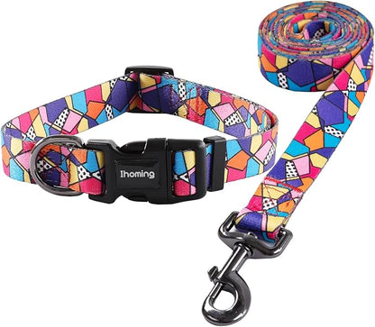 Ihoming Dog Collar and Leash Set for Daily Outdoor Walking Running Training, Geometric Design for Large Boys Girls Dogs Cats Pets, L-Up to 80LBS