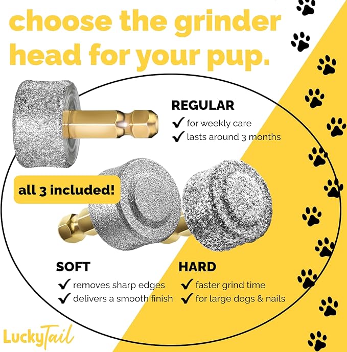 LUCKY TAIL - Dog Nail Grinder - Regular, Hard & Soft Replacement Head - Small & Large Dogs - Premium Quality - Diamond Tip Drill Bit - Professional Dog Nail Trimmers - Grooming Kit - 3 Pack