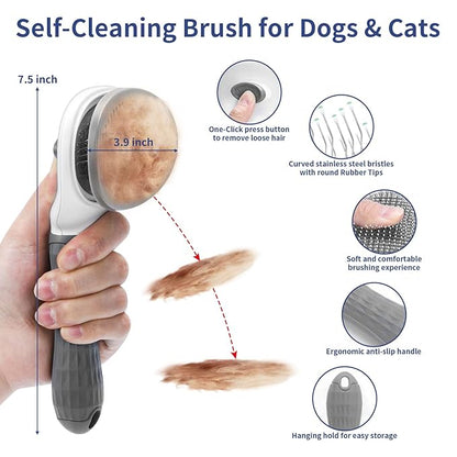 WOPQAEM Dog Brush Grooming Kit 5 PCS - Self Cleaning Slicker Brush for Shedding Short Long Haired Dogs & Cats, Includes Pet Comb, Flea Comb, Bath Brush, Undercoat Rake - Complete Fur Care Set - Gray
