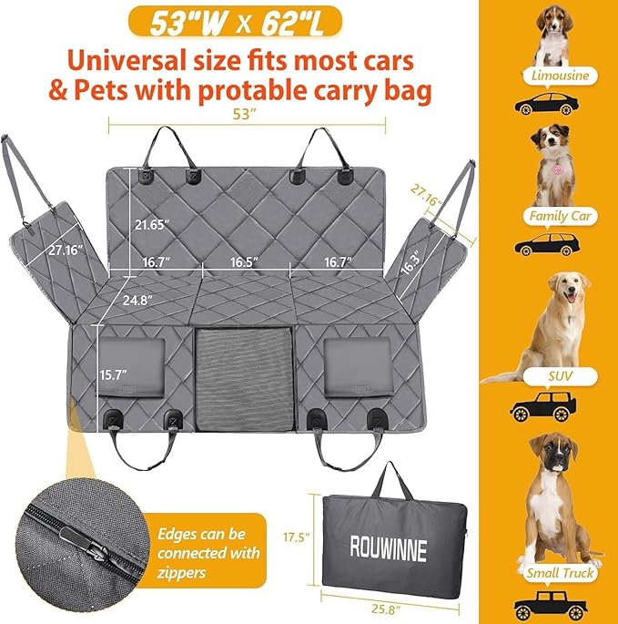 ROUWINNE Back Seat Extender for Dogs-Large Space, Dog Car Seat Cover Hard Bottom Holds 420lb, Sturdy Backseat Extender for Dogs, Upgraded Material,Waterproof Dog Hammock for Car, SUV, Truck