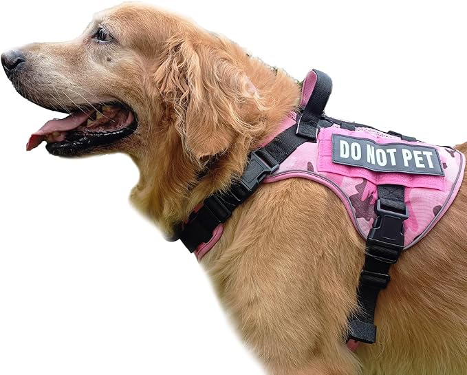 Tactical Dog Harness for Large and XL Breeds, Air Dog Vest No Pull with Reflective Do Not Pet Patches, Breathable Dog Molle Vests for Training Walking Hunting Camo Pink