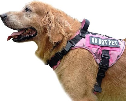 Tactical Dog Harness for Large and XL Breeds, Air Dog Vest No Pull with Reflective Do Not Pet Patches, Breathable Dog Molle Vests for Training Walking Hunting Camo Pink