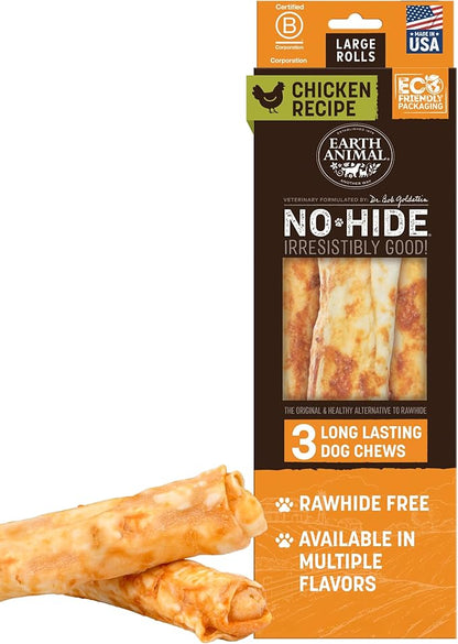Earth Animal No Hide Chews - Long Lasting Rawhide Free Large Dog Chews Rolls, Chicken - 3 Count Value Pack