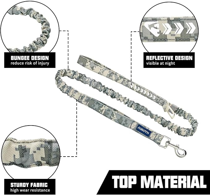 AUROTH Dog Leash Large Dogs, Heavy Duty Dog Leash Bungee, No Pull Leashes for Shock Absorption, Grey Camo Dog Training Leashes for Medium Large Breed Dogs 6FT, 2 Padded Handles