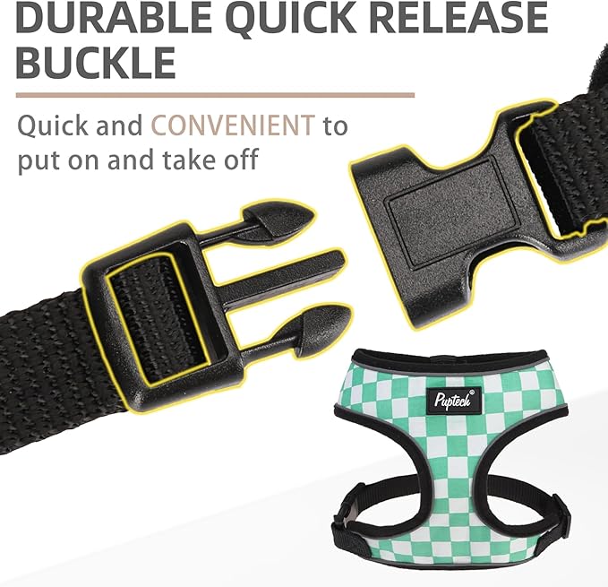 PUPTECK Soft Mesh Dog Harness and Leash Set Pet Puppy Cat Comfort Padded Vest No Pull Harnesses, Checkered Green&White, L