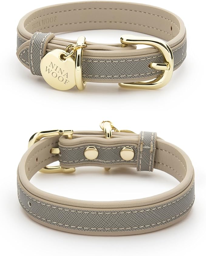 Nina Woof London Vegan Leather Dog Collar - Luxury Cute Dog Collar Adjustable Buckle Collar for Dogs, Dog Collar for Small Dogs to Dog Collar for Large Dogs - Padded Grey Over Beige, Small