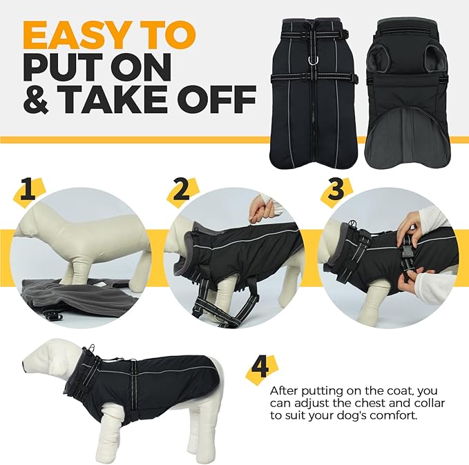 Lelepet Waterproof Dog Jacket with Harness Built in Warm Dog Winter Coat, Reflective Fleece Jacket Jacket, Dogs Coats for Small Dogs, Thermal Pet Snowsuit for Cold Weather Chihuahua, Maltese, Black XS