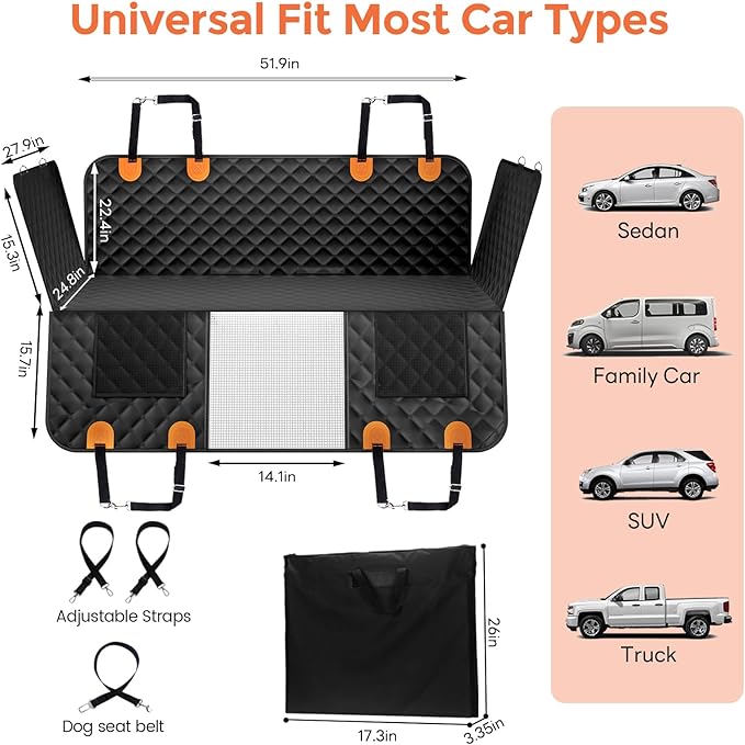 CUIOFREE Dog Seat Cover for Back Seat Hard Bottom,Holds 500 lbs,Waterproof Dog Car Seat Cover for Back Seat Extender,Scratch-Proof Pet Hammock for Car,SUV,Truck - with Mesh Window & Storage,BlackOR