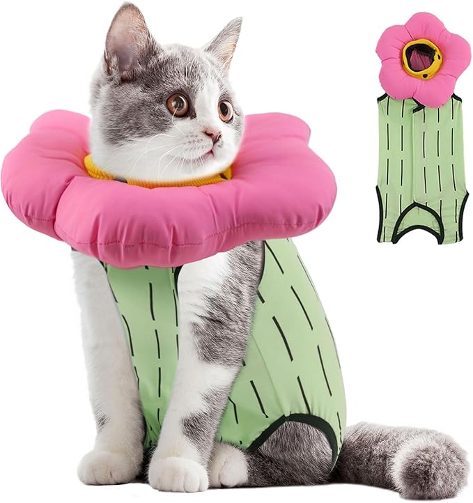 EMUST Cat Recovery Suit and Cat Surgery Suit, Cats Surgical Suit for Abdominal Wounds, Soft & Adjustable Flower Cats Cone Collar, After Surgery for Female Kittens Under 4lb(Green, S)