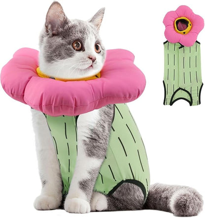 EMUST Cat Recovery Suit and Cat Surgery Suit, Cats Surgical Suit for Abdominal Wounds, Soft & Adjustable Flower Cats Cone Collar, After Surgery for Female Kittens Under 4lb(Green, S)