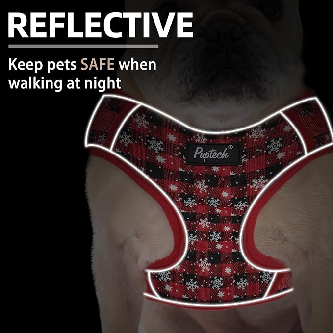 PUPTECK Christmas Small Dog Harness and Leash Set, No Pull Adjustable Puppy Cat Harness, Reflective Soft Mesh Pet Vest Small Sized, Checkered, S