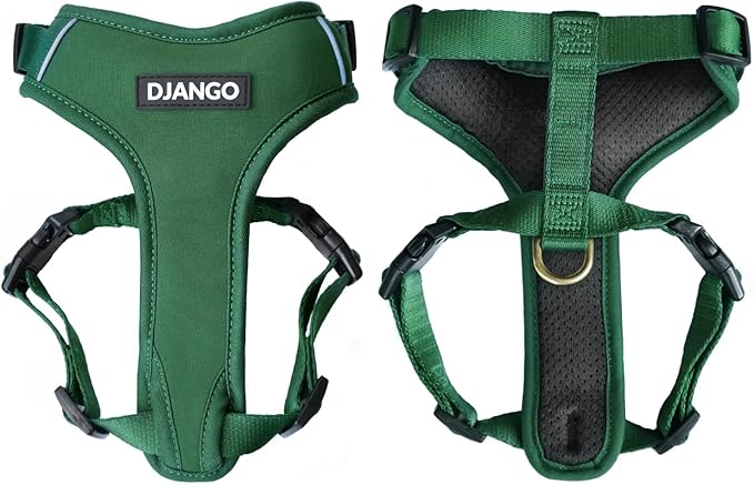 DJANGO Adventure Dog Harness - Stylish and Durable Small Dog Harness for Outdoor Adventures and Everyday Wear - Forest Green Neoprene Adjustable Harness for Dogs with Reflective Piping & Brass D-Ring