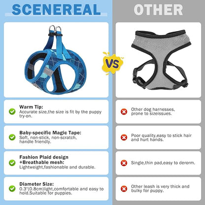 SCENEREAL Small Dog Harness and Leash Collar Set, Step in No Pull Soft Mesh Dog Harnesses for Small Medium Sized Dogs Puppy and Cats Outdoor Walking, No Chock Reflective Vest Harness, Blue Plaid M