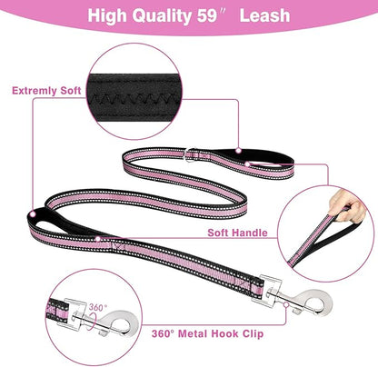 WINSEE Pet Harness Collar and Leash Set, All-in-one Reflective Dog Harness No Pull with Adjustable Buckles for Puppies, Small, Medium, Large, and Extra-Large Dogs (Medium, Pink)