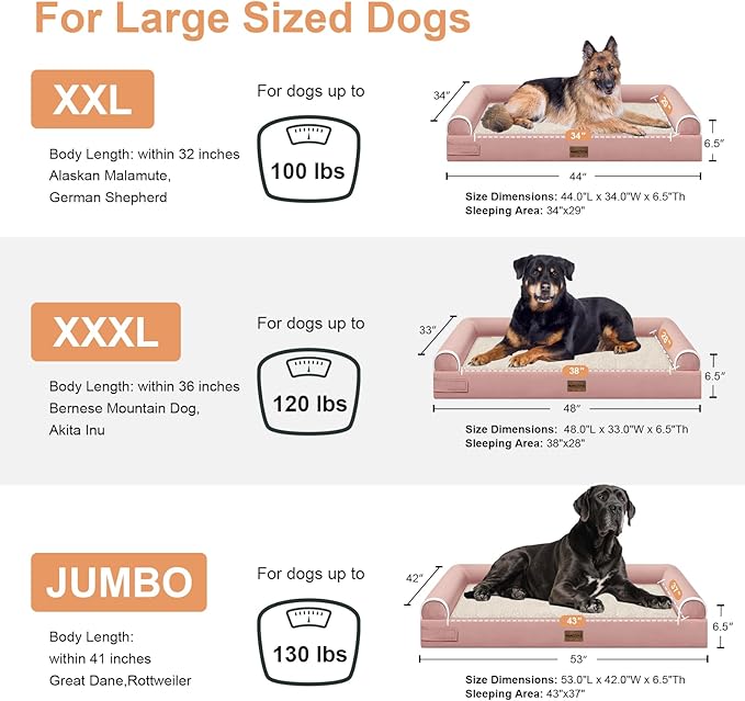 Large Dog Bed Orthopedic Washable: Extra Large Sized Beds for Jumbo Dogs Egg Crate Foam Sofa Couch Waterproof Removable Cover - Pink
