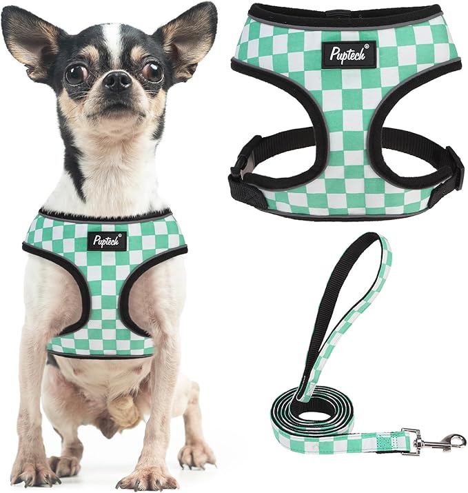 PUPTECK Soft Mesh Dog Harness and Leash Set Pet Puppy Cat Comfort Padded Vest No Pull Harnesses, Checkered Green&White, S