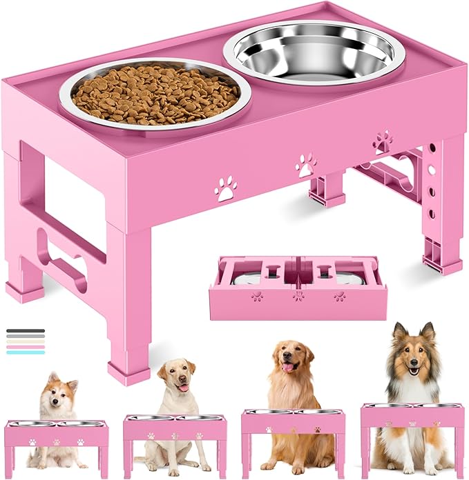 LAKIPETN Elevated Dog Bowls with 2 Stainless Steel Bowls, Raised Dog Food Bowl Stand 5 Height Adjustable (3.1", 9", 10", 11", 12") Non-Slip Feeder Set for Medium and Large Dogs - Pink