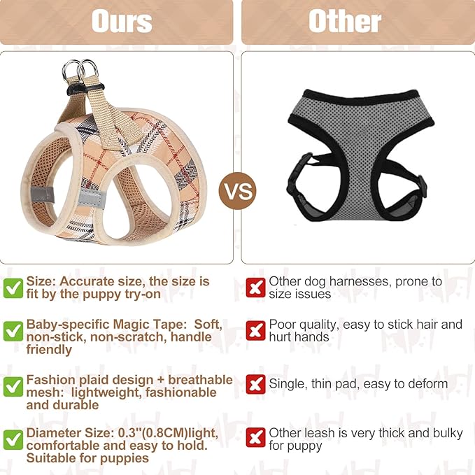 BEAUTYZOO Small Dog Harness and Leash Set,Step in No Choke No Pull Soft Mesh Dog Harnesses Reflective for Extra-Small Medium Puppy Dogs and Cats, Plaid Dog Vest Harness for XS S Pets, Beige XS