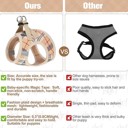 BEAUTYZOO Small Dog Harness and Leash Set,Step in No Choke No Pull Soft Mesh Dog Harnesses Reflective for Extra-Small Medium Puppy Dogs and Cats, Plaid Dog Vest Harness for XS S Pets, Beige XS