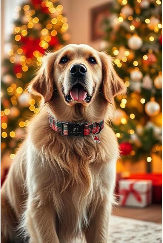 Christmas Dog Collar– Adjustable Red & Green Checkered Dog Collar for Small Medium Large Dogs, Soft Xmas Plaid Puppy Collars with Quick Release Buckle XL