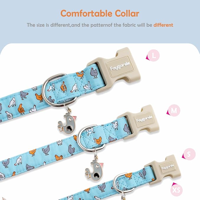 Faygarsle Funny Chicken Pattern Dog Collar, Cotton Fabric, Light Blue with Farm Animal Print for Small Medium Large Dogs L