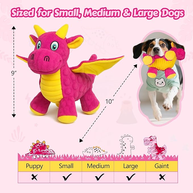 BBeary Squeaky Dog Toys - Soft Plush Dragon Dog Toy with 5 Squeakers & Crinkle Paper, Dog Toys for Small, Medium and Large Dogs (Pink,10")