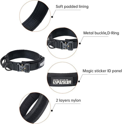 EXCELLENT ELITE SPANKER Tactical Dog Collar Nylon Adjustable Training Collar Military Dog Collar Heavy Duty Metal Buckle with Control Handle for Medium and Large Dogs with Patches(Black-XL).