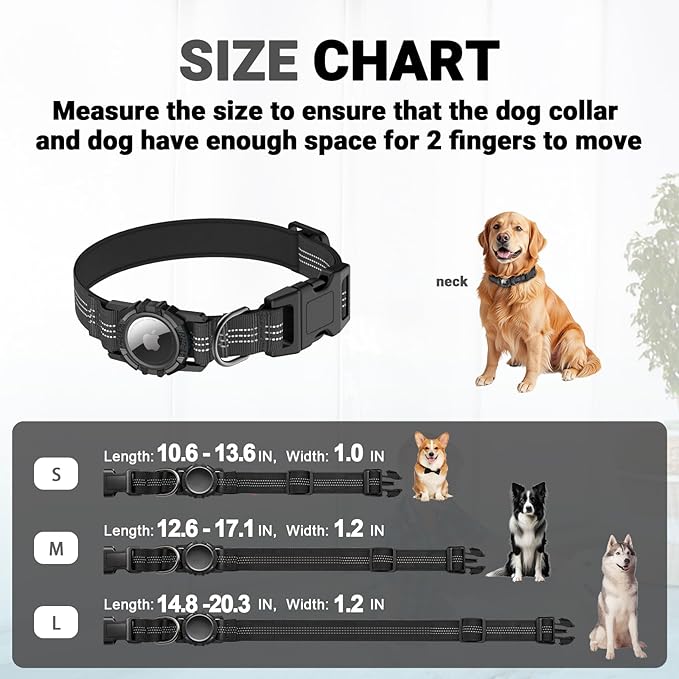 HDDTTZ AirTag Dog Collar, IP68 Waterproof Integrated Air Tag Dog Collars with Reflective, Ultra-Durable, Comfortable Padded, Heavy Duty Dog Collars for Small Medium Large Dogs, L (14.8"-20.3"), Black