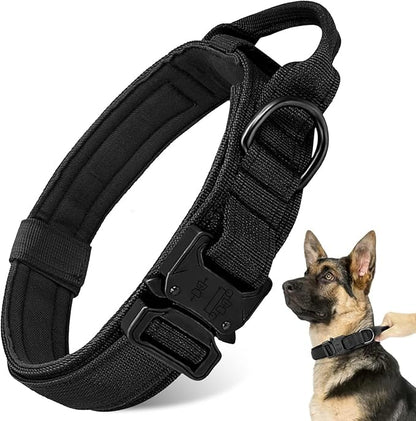 Tactical Dog Collar - Military Dog Collar, Adjustable Heavy Duty Metal Buckle Nylon Collar with Control Handle for Small Medium Large Dogs (Black, M)