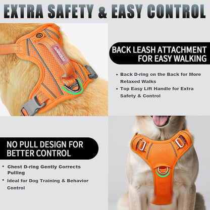 BARKBAY No Pull Dog Harness Large Reflective Dog Harness with Front Clip and Easy Control Handle for Walking Training Running with ID tag Pocket(Orange,L)