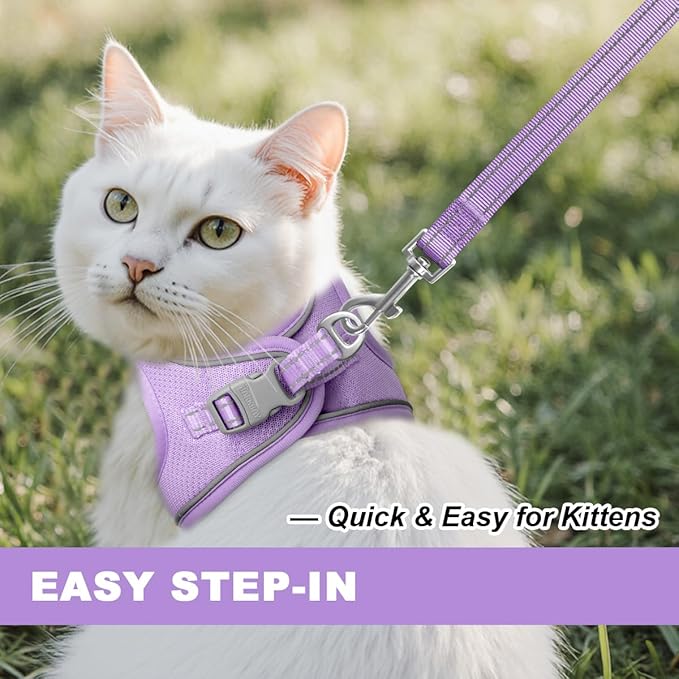 Cat Harness and Leash Set,Escape Proof Kitten Harness,Step in Adjustable Soft Lightweight,Easy Control,Reflective Strips Comfortable for Walking Travel(Violet Purple,XXS)