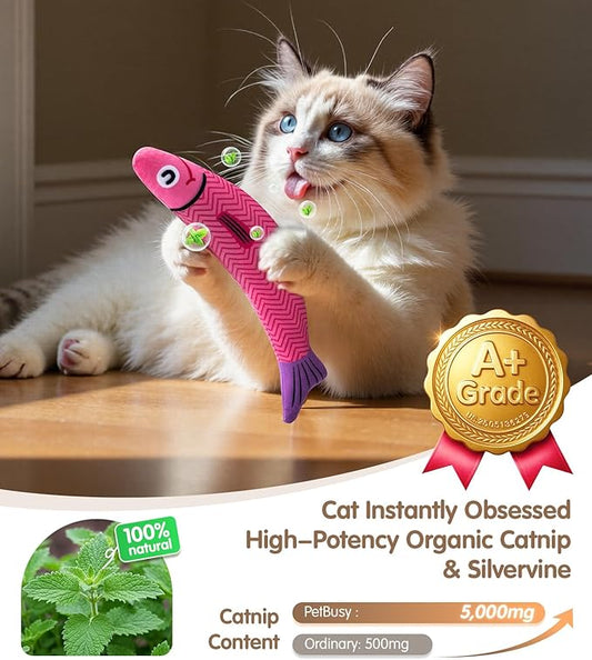 PetBusy Cat Toys with[5000mg A+Natural Catnip &Silvervine] [Baby Grade] Interactive Soft Chew Kicker Cat Toys for Indoor Cats & Kittens, [Crinkle &Bell] Fish Sound Toy, Drives Bored Cat Crazy with Fun