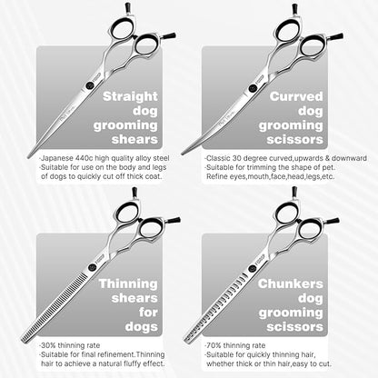 Dog Grooming Scissors Kit 7 in Professional Curved Thinning Straight Chunkers Shears for Grooming Dogs Cat Pet at Home Japanese 440C Stainless Steel(7.0'',Kit)