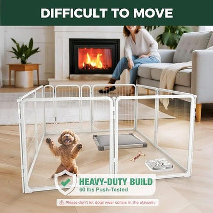 FXW Acrylic & Wire Mesh Indoor Dog Playpen, Heavy Duty 24 Inch 8 Panels Metal Dog Pen for Puppy and Small Dogs, White│Patented