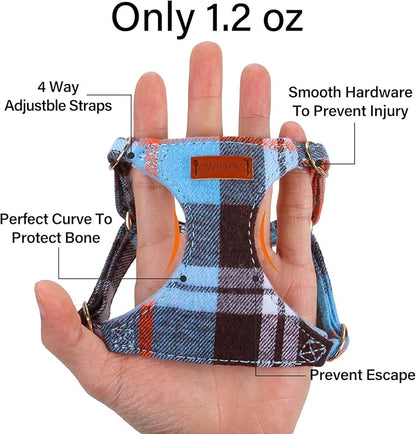 CHEDE No Pull Puppy Harness and Multifunction Dog Leash Set- 8 Colors Soft Adjustable No Choke Escape Proof Cute,Lightweight Pet Vest Harness for Small and Medium Dog (XS, Blue Grid)
