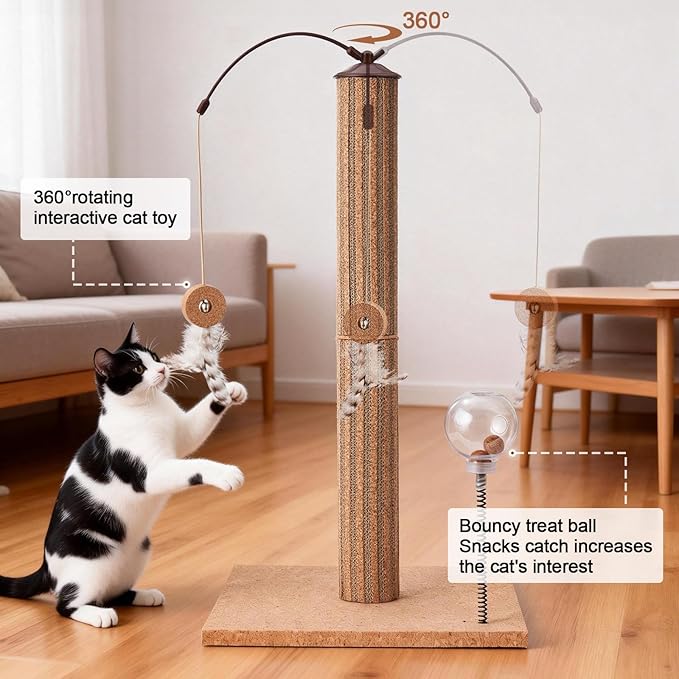 Cat Scratching Post Cork & Cardboard Mix with Heavey Duty Solid Wood Base, Indoor 26" Premium Durable Nature Kitten Scratch Post Tree with Snack Ball & Feather Interactive Toys for Kittens & Adult