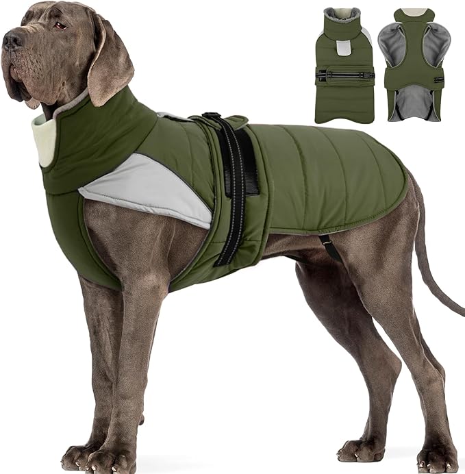 MIGOHI Thermal Large Dog Fleece Jacket - Rainproof Coat for Large Dogs, Thick Dog Winter Coat,Snow Jacket for Dogs Windproof for Hunting Camping,Windy Chilly Days,Doberman,Great Dane,3XL,ArmyGreen