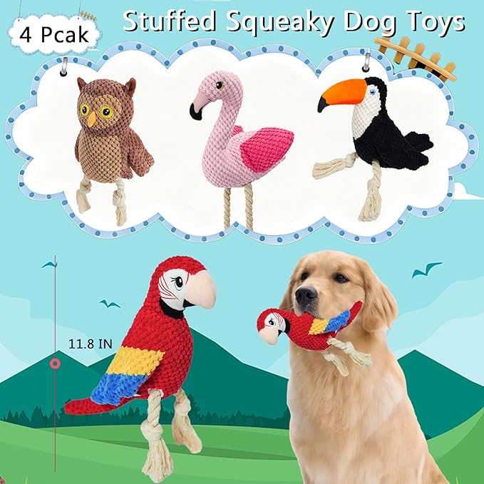 4-Pack Squeaky Dog Toys for Aggressive Chewers Durable Rope Tug Stuffed Plush Dog Puppy Toys for Small Medium Large Breed Flamingo, Parrot, Toucan, Owl Puppy Chew Toys Set Holiday Birthday Dog Gift