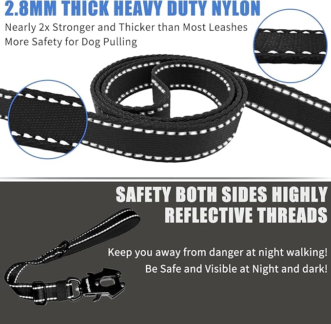 Strong Heavy Duty Dog Leash - Adjustable 15"-18" Reflective Nylon Training Leash with Padded Handle & Frog Clip, Traffic Control for Large Medium Dogs No Pull Walking Black